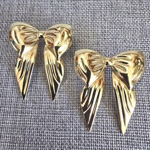 Gold Bow Ribbon Dangle Post Earrings